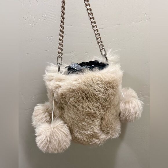Beige Real Shearling Handmade Drawstring Bucket Bag Includes 4 Fur Balls Charm - Picture 7 of 16
